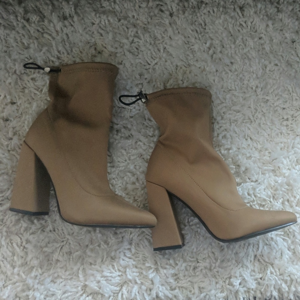 Pointed toe stack heel sock booties